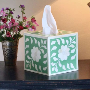 Eco-friendly Customizable Bone Inlay <b>Tissue</b> <b>Holder</b> <b>Box</b> with Removable Lid and Beautiful Handcut Floral Design in blue - Product Image 1