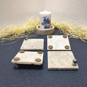 Elegant Travertine <b>Coaster</b> Set of 4 Tumbled Square Natural Stone <b>Coasters</b> With <b>Silver</b> Ball Accessory for Coffee Table Tea - Product Image 3
