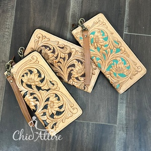 Cartera de Cuero Genuino Hecha a Mano de Primera Calidad con Diseño Floral, Estilo Occidental, con Cierre y Espacio para Tarjetas de Crédito - Product Image 1