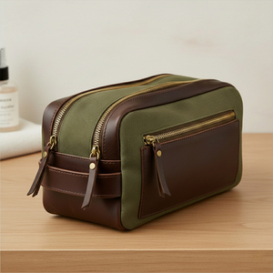 Classic Canvas Leather Toiletry Bag Rectangle Shape Brass Zipper Durable Travel Storage Bathroom Use 1-3L Capacity - Product Image 6