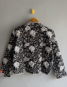 <b>Quilted</b> Floral Print Women's <b>Jacket</b> Three Quarter Sleeve V-Neck Autumn Style Black White <b>Patterned</b> Button Closure gift for her - Product Image 6
