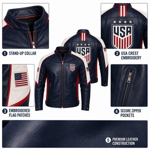 Blouson Bomber Moto en Cuir Bleu Marine pour Homme avec Logo Personnalisé, Patch Drapeau Américain, Col Montant Décontracté – Vente en Gros - Product Image 4
