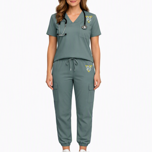 High Quality Customizable <b>Women</b> Scrub Set V Neck <b>Short</b> Sleeve Top <b>Cargo</b> Pants Hospital Uniform Sage Green Cotton Blend - Product Image 1
