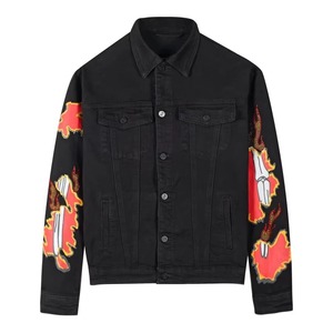 Black Flame Sleeve Denim Trucker Jacket Men Streetwear Embroidered Fire Graphic Jeans Jacket Y2K Hip Hop Casual Outerwear - Product Image 1