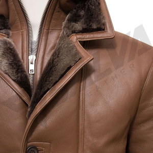 Men's <b>Long</b> Brown Genuine <b>Leather</b> <b>Jacket</b> With Faux Fur Lining Turn-down Collar Single Breasted Windproof Winter Coat - Product Image 4