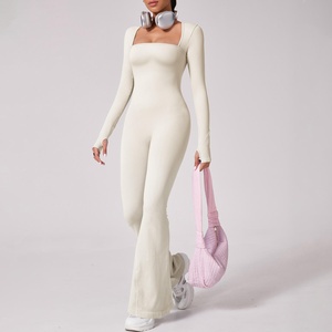 Women Long Sleeve <b>Square</b> <b>Neck</b> <b>Bodysuit</b> Full Length Seamless Stretch Knitted Activewear Solid Color One Piece Jumpsuit - Product Image 1