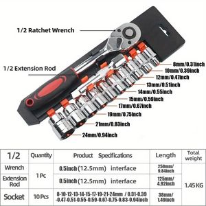 Juego de llaves de trinquete profesionales de 12 piezas de 1/2 pulgadas, tomas cromadas de accionamiento de 12,5mm con varilla de extensión para taller de mantenimiento - Product Image 4