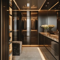 Armoire de chambre Senger Walk-in avec portes vitrées, placage bois foncé et éclairage LED intégré