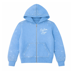 Custom Heat Press Rhinestone Hoodie Unisex Light <b>Blue</b> Zip-Up Fleece Casual Autumn Hooded <b>Glitter</b> Print Front Logo Regular Fit - Product Image 1
