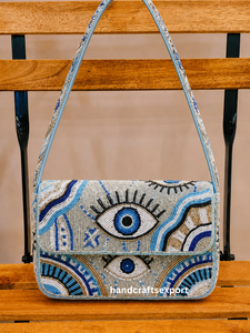 Bolso de Hombro con Solapa y Cuentas, Hecho a Mano, Duradero, Ligero, Ecológico, para Mujer, Diseño Bohemio con Patrón Geométrico y Ojo Azul, Correa Única - Product Image 1