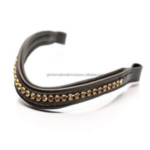 Suave y cómodo marrón acolchado 100% cuero puro banda para la frente del caballo canal vacío con incrustaciones de cristales grandes dorados cadena Mega Bling - Product Image 3