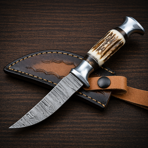 Couteau de chasse artisanal en acier Damas avec manche en corne et étui en cuir – Couteau de survie à lame fixe pour le camping en plein air - Product Image 6