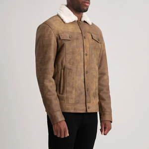 Veste de camionneur décontractée pour homme en cuir marron vieilli Furat Leathers, avec doublure en peau de mouton, respirante, coupe-vent, col montant, fermeture éclair - Product Image 3