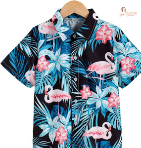 เสื้อเชิ้ตลำลองแขนสั้นพิมพ์ลายแมวน่ารักและดอกไม้สำหรับเด็กผู้ชายพร้อมปกแบบพับลง - Product Image 5