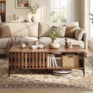 47-Inch Mid Century Walnut Wooden Look Coffee Table with <b>Storage</b> Cabinets & <b>Open</b> Compartment Heavy Duty Accent Table - Product Image 4