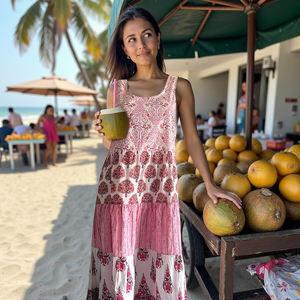 Whispers of Summer Boho Cotton Maxi avec encolure ronde et motifs artisanaux pour Nature-Loving Souls Bottle Pink Block print - Product Image 5