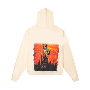 Sudadera con Capucha Roja para Hombre, Estilo Urbano Oversize, Estampado de Esqueleto Leyendo Periódico, Diseño de Llama en la Manga, Ropa de Otoño - Product Image 3