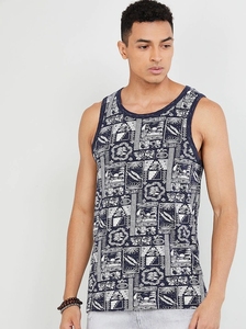 Camiseta sin mangas con estampado de patchwork para hombre, cuello redondo, ropa informal, transpirable, de algodón tejido. - Product Image 1