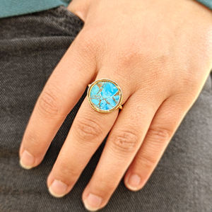 Bague ajustable en laiton plaqué or 18 carats avec pierre précieuse turquoise et cuivre, design à tige ouverte, bijoux contemporains pour cadeau de mariage - Product Image 4