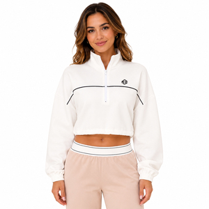 <b>Women's</b> White Cropped Fleece <b>Quarter</b>-<b>Zip</b> Sweatshirt With Black Trim And Logo Front Casual Autumn Winter Hoodies Wholesale - Product Image 2