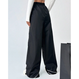 Top Trending <b>Women's</b> <b>Black</b> Wide Leg <b>Satin</b> Pants High Waist Elastic Loose Fit Full Length Casual Side Stripe Solid Color Autumn - Product Image 2