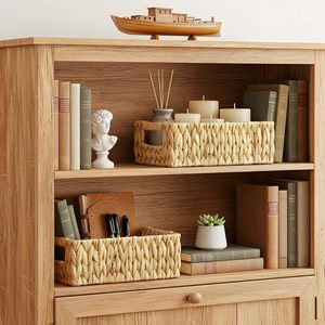 <b>Baskets</b> for Shelves Rattan Woven <b>Basket</b> Storage Organizer with Built- Handles Decorative Shallow Rectangle Pantry Organizers - Product Image 2