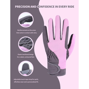 Full Finger PU Racing Gloves Unisex Non Slip Embossed Horseshoe Pattern <b>Outdoor</b> Riding Gloves Gray Pink <b>Hook</b> And Loop Closure - Product Image 3