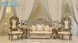 Elegante sofá real marroquí en oro blanco para bodas tallado Sangeet de la novia y el novio Setup decoraciones de boda - Product Image 4