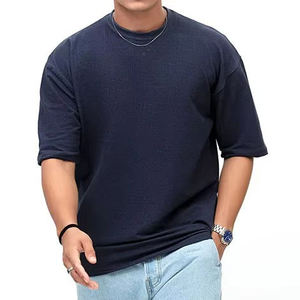 <b>Men</b> Oversized T-Shirt 100% Cotton Short Sleeve Solid Navy <b>Blue</b> O-Neck Casual Woven Fit Regular Length Plain Design Anti-Wrinkle - Product Image 3