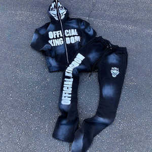 Conjunto de chándal de alta calidad con bordado desgastado, chándal acampanado personalizado 100% algodón, conjunto de jogging estilo streetwear apilado para hombre - Product Image 1