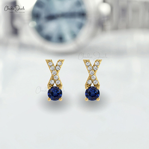 Trendy Products 5mm Round Cut Blue Sapphire & Diamond Criss Cross Stud <b>Earrings</b> In 14k Solid Gold Wholesale <b>Earring</b> Gift For Mom - Product Image 5