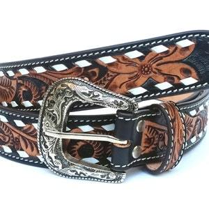Ceinture en cuir floral Western Cowgirl avec boucle brodée, outillée et incurvée, finition antique, peinte à la main, prix de gros - Product Image 5