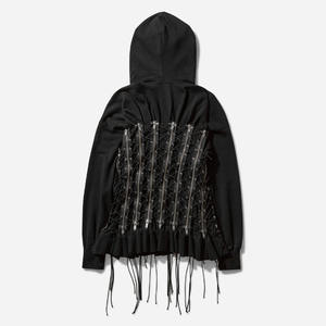 Sudadera gótica con capucha, cordones en la parte delantera y detalles de flecos, corte holgado, unisex, de algodón negro tejido, estilo otoñal. - Product Image 2