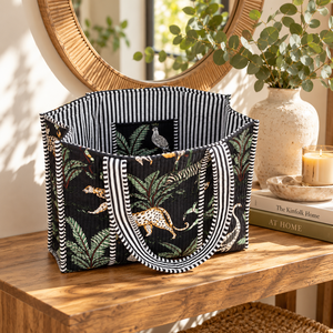 Bolso de Mano Acolchado de Algodón con Estampado de Animales Salvajes de Safari, Color Negro, con Diseño Tropical y Botánico, para Mujer - Product Image 6