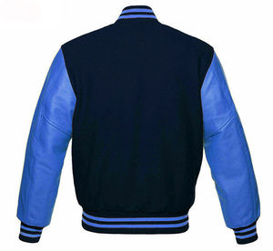 Veste universitaire sur mesure en laine bleu marine avec manches en cuir bleu roi pour homme, coupe ajustée, style baseball, veste bomber, vente en gros - Product Image 2