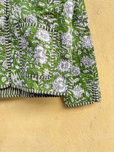 Blazer à col mandarin imprimé floral vert, manches longues, longueur courte, 100% coton, veste tissée pour femme, printemps - Product Image 3