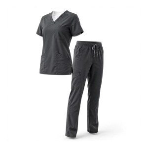 Ensemble uniforme unisexe gris foncé en polyester respirant : Blouse à col en V avec poches et pantalon à cordon de serrage, détection d'aiguilles - Product Image 3