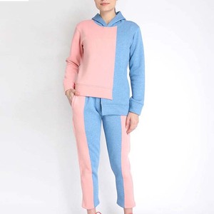 Women Color Blocking Hooded <b>Sweatshirt</b> Set Full Sleeve Casual Tracksuit <b>Pink</b> Blue Spandex Cotton Breathable Spring Wear - Product Image 1