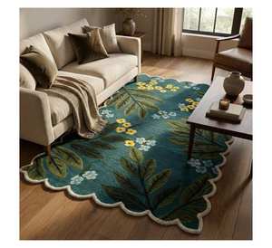 Alfombra floral tallada en 3D de pelo alto y bajo, alfombra botánica de lana con forma irregular personalizada y borde ondulado, borde festoneado hecho a mano. - Product Image 1