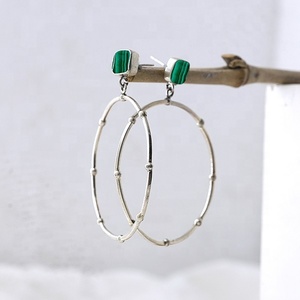 Natural Malachite Stone Cushion Hoop Drop <b>Earrings</b> for Women <b>Silver</b> Plated Beaded Open Circle Statement <b>Dangle</b> <b>Earrings</b> - Product Image 6