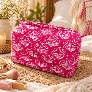Pink Seashell Printed Cotton Quilted Makeup <b>Bag</b> Wholesale <b>Women</b> Travel Cosmetic Pouch Large Capacity Zipper <b>Toiletry</b> Organizer - Product Image 5