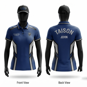 Maillot de snooker pour femmes 180 GSM en polyester respirant interlock bleu roi, blanc, noir avec empiècements latéraux géométriques et impression personnalisée - Product Image 1