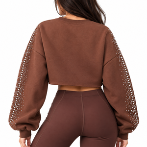 Sweat-shirts à capuche courts pour femmes, entièrement ornés de strass, en molleton de haute qualité, col rond, épaules tombantes, vente en gros, personnalisables - Product Image 4