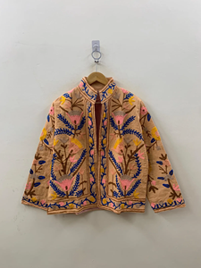Hand-Embroidered Suzani Cotton <b>Jacket</b> Floral Embroidery Boho-Chic Styling <b>Mandarin</b> <b>Collar</b> Reversible Quilted <b>Jacket</b> - Product Image 4