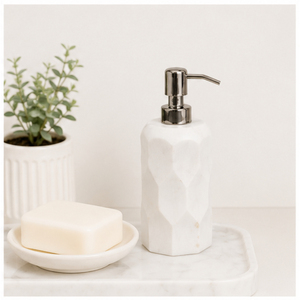 Distributeur de savon en marbre blanc naturel de qualité supérieure avec pompe en acier inoxydable, flacon de lavage des mains en pierre géométrique pour la décoration de salle de bain d'hôtel - Product Image 6