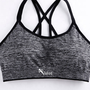 Ishaq Women's Yoga Sports <b>Bra</b> Scoop Neck Racerback High Support Breathable Contrast Binding Gray <b>Blue</b> Lower Hem Logo Spandex - Product Image 5