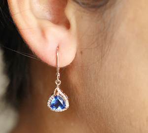 Pendientes Colgantes de Zafiro Azul con Moissanita y Halo, Cierre de Palanca, Joyería para Mujer - Product Image 2