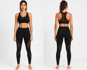 Women Mesh Panel Yoga Set High Waist Leggings Sports Bra Gym Workout Fitness Activewear Set - Product Image 1