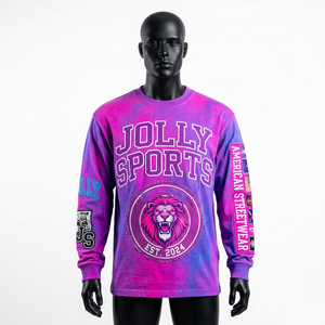 เสื้อยืดแขนยาวผ้าคอตตอนผสมคุณภาพสูงสำหรับผู้ชาย สีม่วงชมพู ลายมัดย้อม พิมพ์โลโก้ตามสั่ง ผ้าฝ้าย 100% ทรงหลวม แขนยาว - Product Image 1