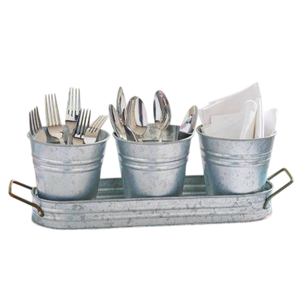 Panier à couverts rustique en métal galvanisé, 3 compartiments, avec poignées, plateau de rangement ovale, portable - Product Image 1